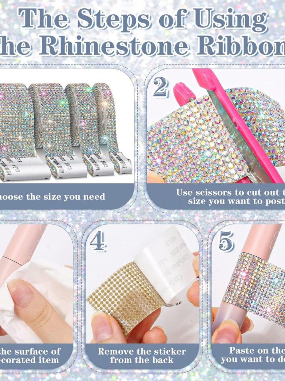 8 Rolls Rhinestone Ribbons, 8 Yard Silver Self Adhesive Rhinestone Ribbon, Bling - Picture 6 of 7